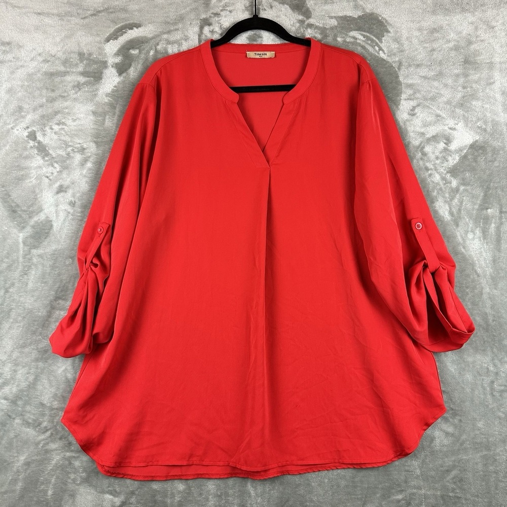 Timeson Blouse Tunic Top XXL Red Roll Tab Sleeves V-Neck